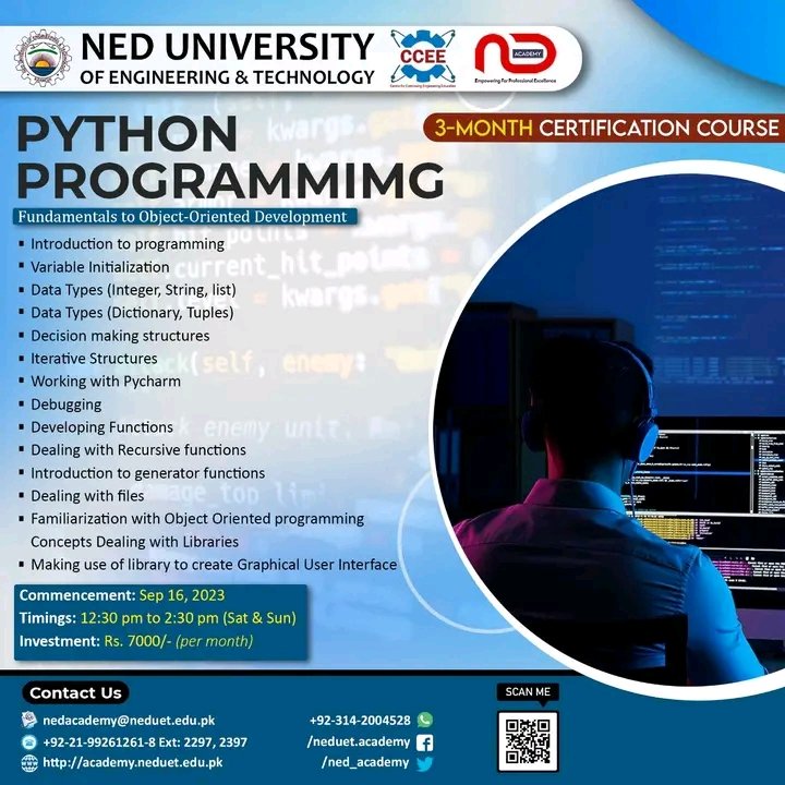 PakFutures's tweet photo. 3 - Month Certification Course
Python Programming at NED University of Engineering & Technology, Karachi.
๐ Registration Form
https://t.co/vXaMO3HYRb
#BreakingNews #pythonprogramming #python #pycharm #debugging #graphicaluserinterface #programming #pakfutures https://t.co/5jgNyo15TX
