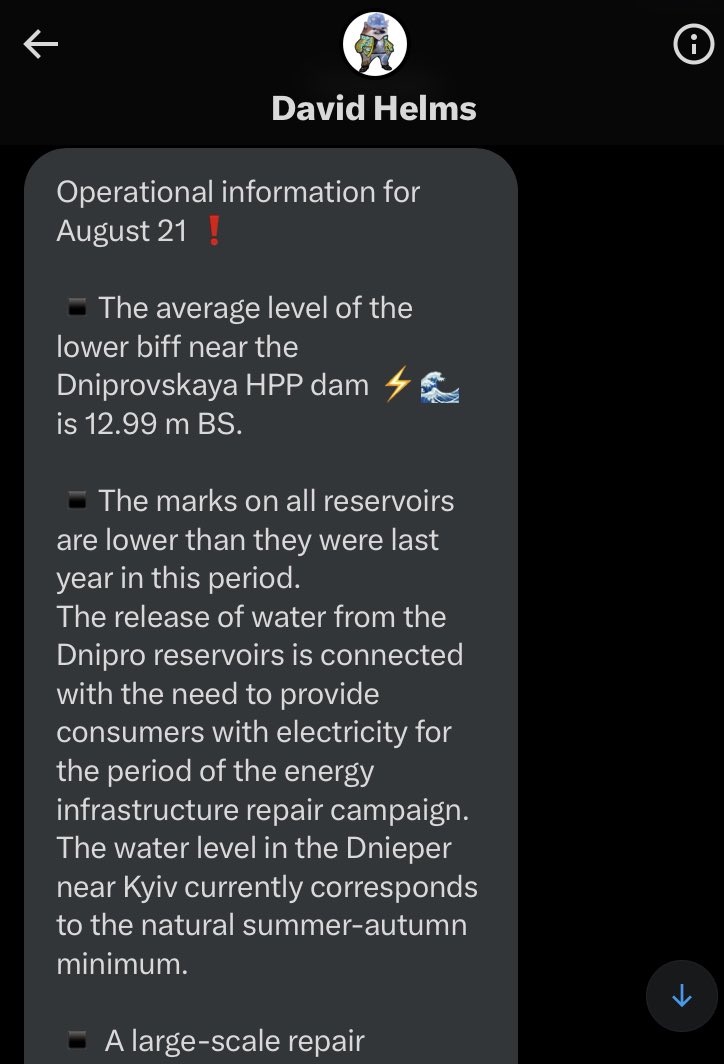 BruckenRuski's tweet photo. From Ukraine’s Hydroelectric & water storage company @Ukrhydroenergo an update of their system and current operational status.
H/T @davidhelms570 for keeping an 🦅eye on status of the Dnipro river as well as his excellent weather reporting and #NAFOweather #MudReport predictions.🙏🏼