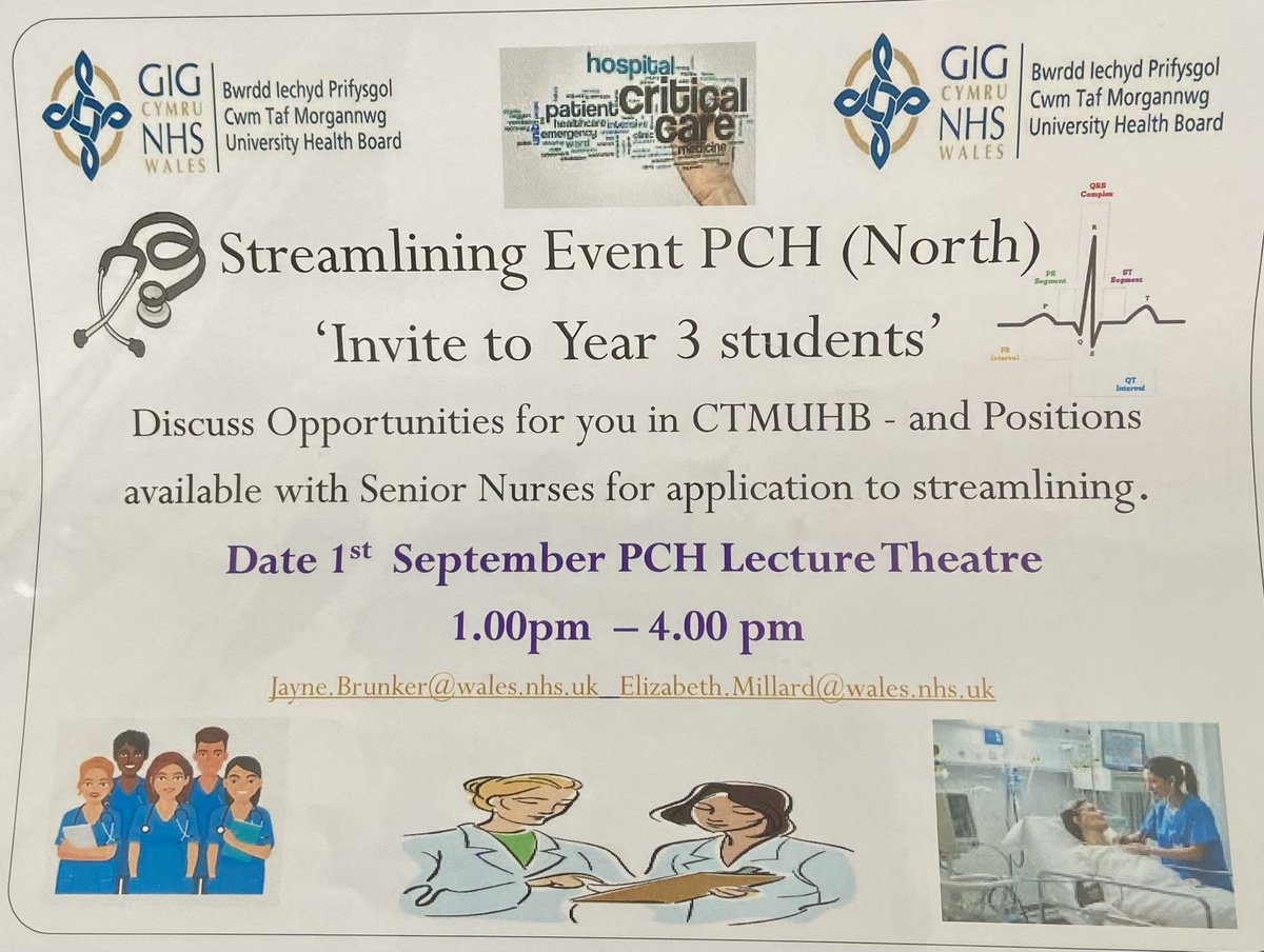Hello Nursing students in year 3, just a gentle reminder that our careers event/ streamlining for CTMUHB north takes place on 1st September 1-4pm lecture theatre PCH.
Come along and discuss opportunities! <a href="/CwmtafNursEd/">Cwm Taf Morgannwg Nurse Education</a> <a href="/USWHealthcare/">USW Healthcare</a> @USWNurSoc