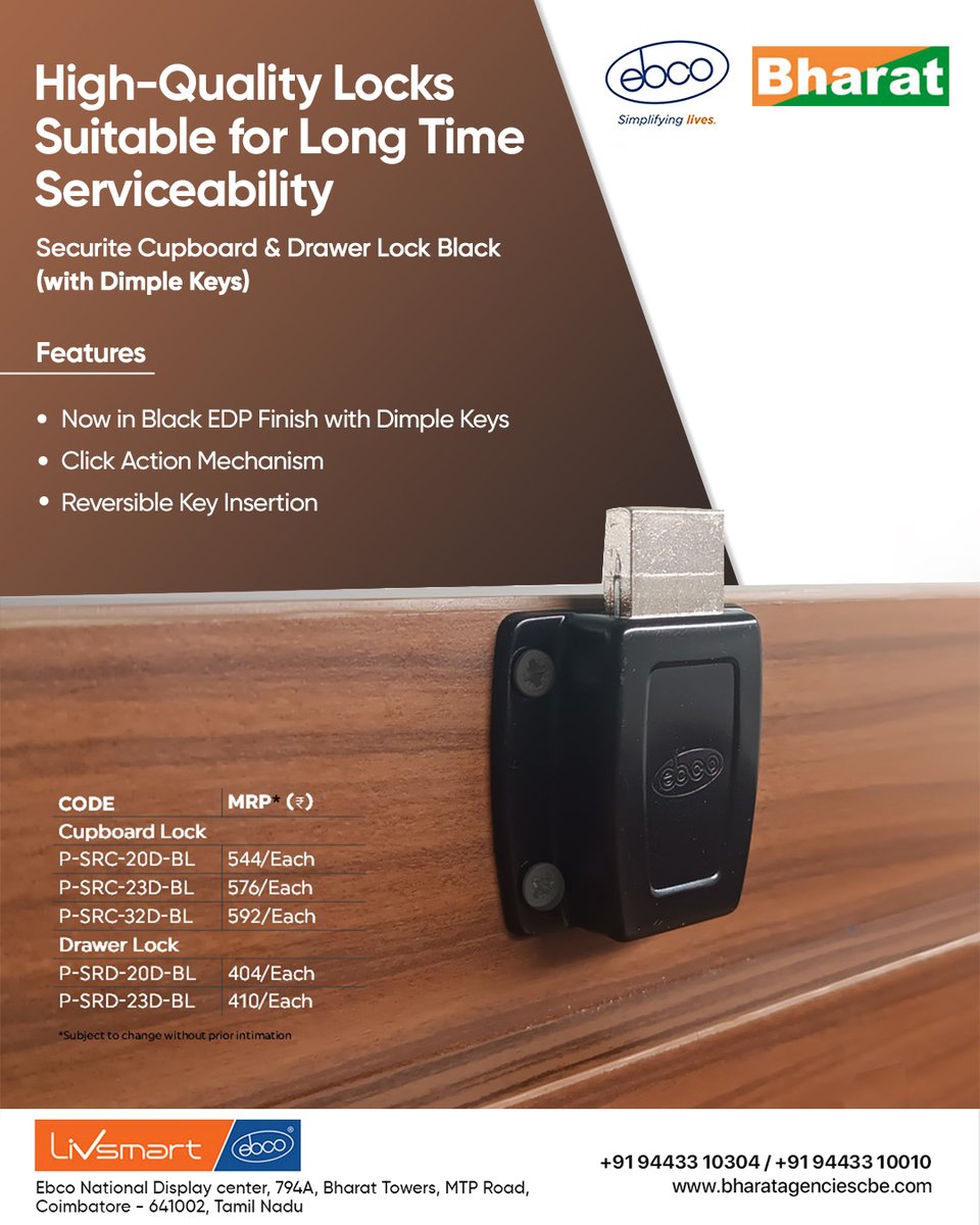 bharat_agency1's tweet image. Securing your most important things and documents is just a few turns away! Ebco SecuRite #Cupboard and #DrawerLock Black (with #DimpleKeys) from #BharathAgencies transforms your drawer securely. 

goo.gl/maps/weCZLWFme… / bharatagenciescbe.com /9443310304

#Worksmart #Ebco