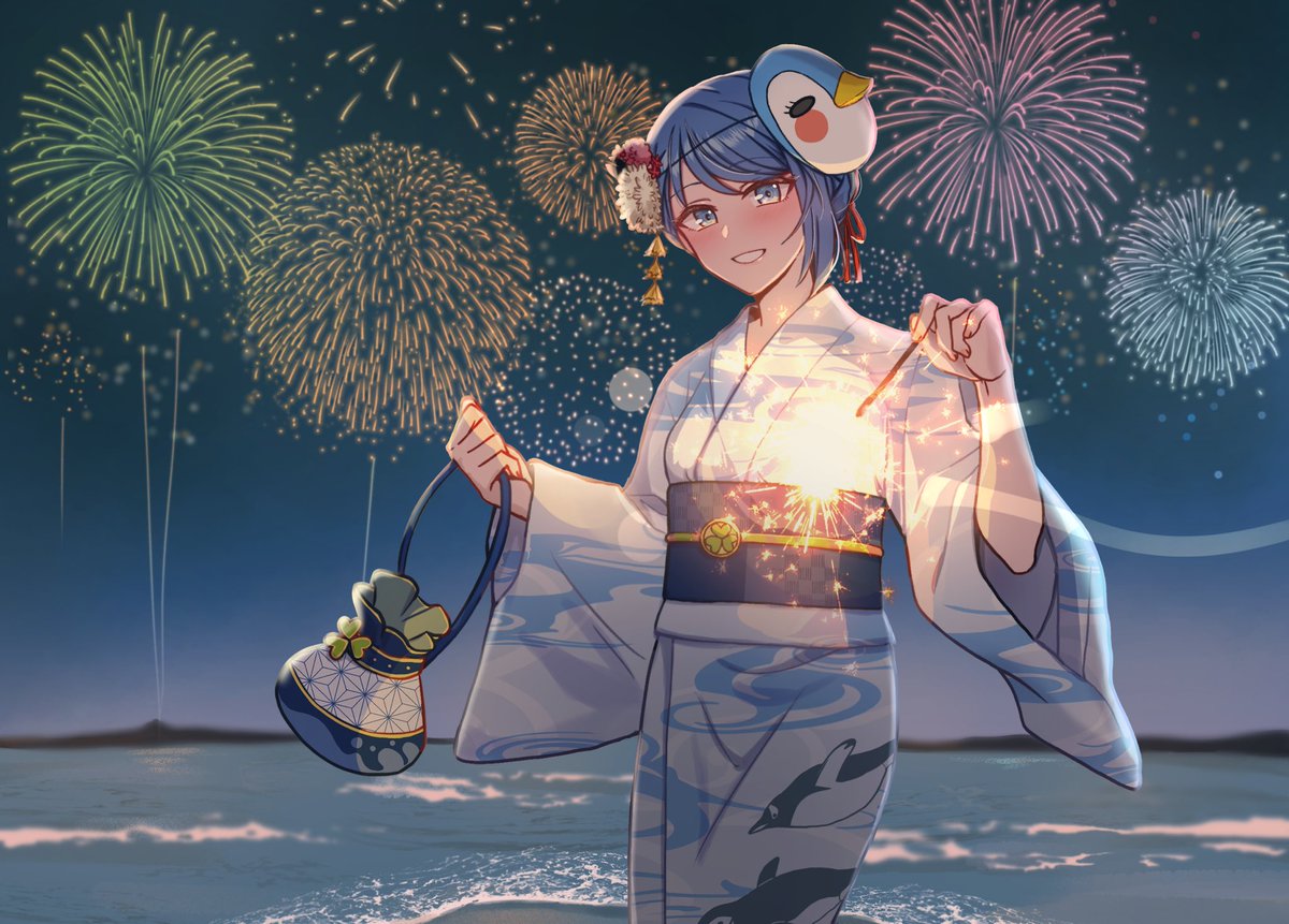 fireworks 1girl japanese clothes kimono mask mask on head solo  illustration images