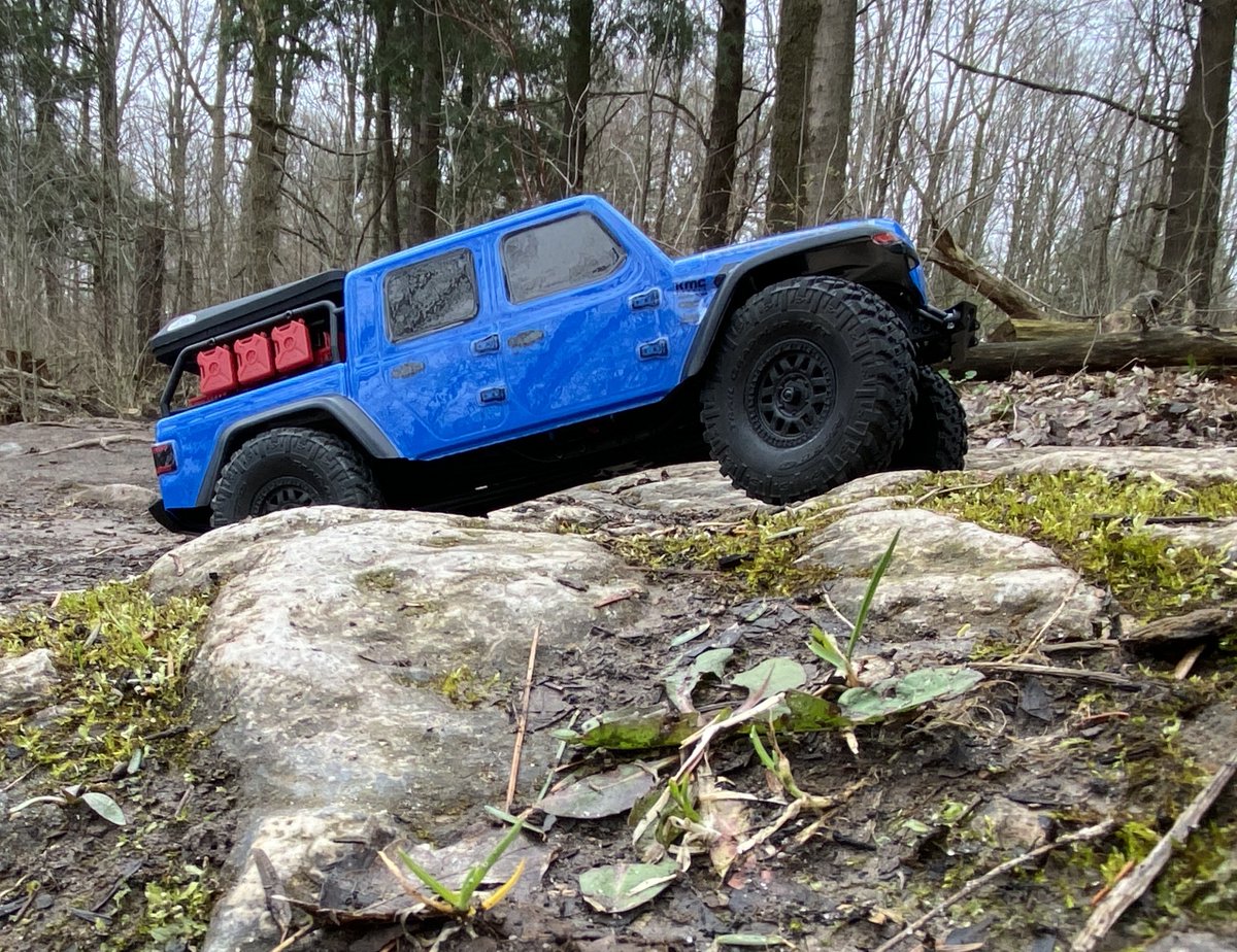 Axial Racing SCX24 Jeep Gladiator - Kelso, Ontario #canada #jeep #jeepgladiator #scx24jeepgladiator #blue #forest #park #model #travel #hobby #explore #jeeparmy #gladiator #jeepcanada #crawler #minicrawler #axialracing #spring #trees #mud #river #waterfall #valley #rockcrawling