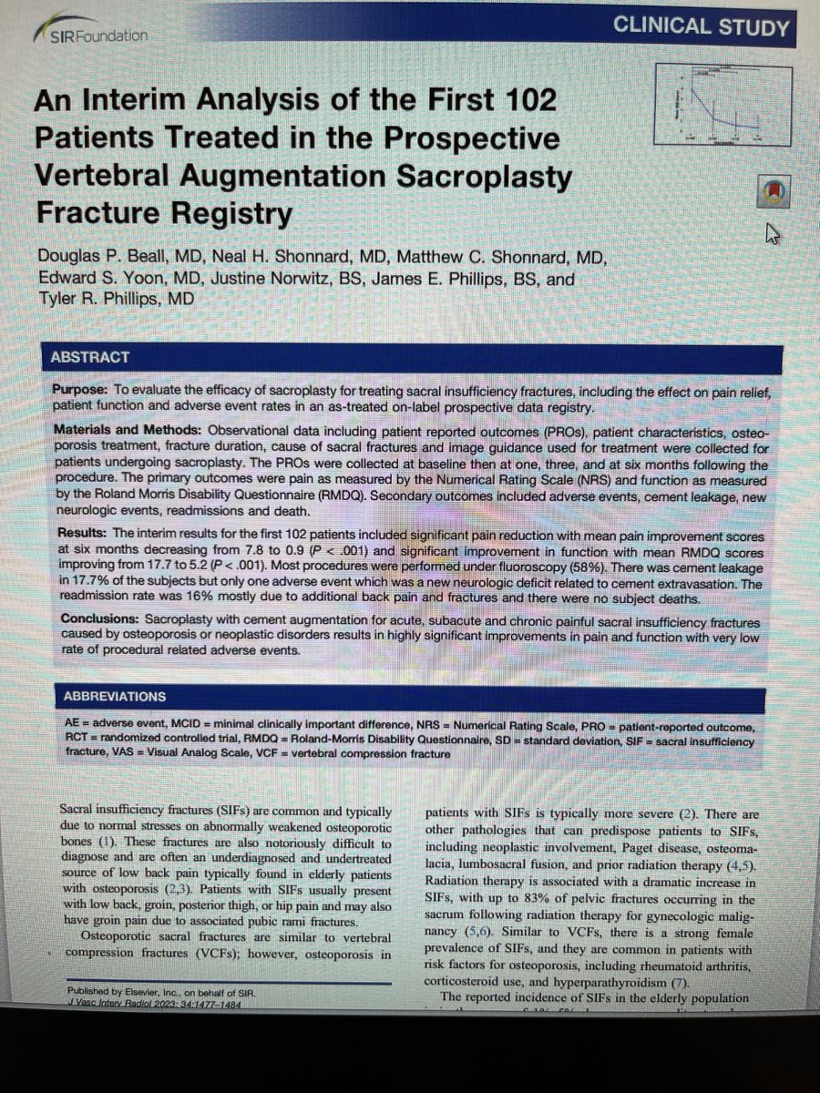 Douglas Beall (@dougbeall) on Twitter photo Important milestone for #sacroplasty with the interim analysis of the 1st 102 pts in the registry showing dramatic improvements in pain and function. Thanks to <a href="/SIRspecialists/">Society of Interventional Radiology</a> for their support
<a href="/SeanTutton/">Sean Tutton</a> <a href="/WayneOlan/">Wayne Olan</a> <a href="/neuroradiology/">Dan Nguyen, MD FASSR</a> <a href="/ImagingDoctor/">Dana Dunleavy, MD</a>
jvir.org/action/showPdf… Important milestone for #sacroplasty with the interim analysis of the 1st 102 pts in the registry showing dramatic improvements in pain and function. Thanks to <a href="/SIRspecialists/">Society of Interventional Radiology</a> for their support
<a href="/SeanTutton/">Sean Tutton</a> <a href="/WayneOlan/">Wayne Olan</a> <a href="/neuroradiology/">Dan Nguyen, MD FASSR</a> <a href="/ImagingDoctor/">Dana Dunleavy, MD</a>
jvir.org/action/showPdf…