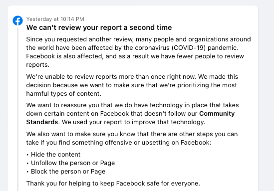 Kcorner's tweet photo. Reported an account spamming a #FB page I help manage with bogus merch links. #FB did nothing. When appealed, it blamed COVID (seriously?) for a lack of people to review reports a 2nd time. This election season could be a doozy. #Election2024 https://t.co/np7n8g6CoT