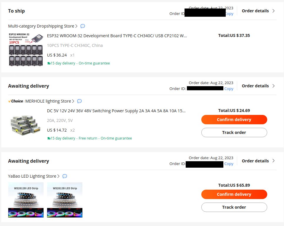 adamjezek98's tweet image. Vlez jsem na Alík a zjistil že 5 metrů WS2812B adresovatelnýho LED pásku, 60 LED/m stojí nějakých $10 (poslední objednávku mám z 2017 za skoro trojnásobek, lol). Takže #dnesJsemObjednal 30 metrů (a zdroje a ESPčka).