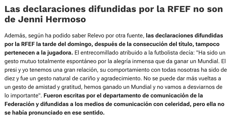 migquintana's tweet photo. La información que publica @relevo es gravísima. Es insostenible que Luis Rubiales siga un día más en el cargo. Que las declaraciones de Jenni Hermoso parecían condicionadas resultaba obvio, que directamente puedan ser inventadas es asqueroso. Una verguenza histórica. https://t.co/Lsq9gEpYjs