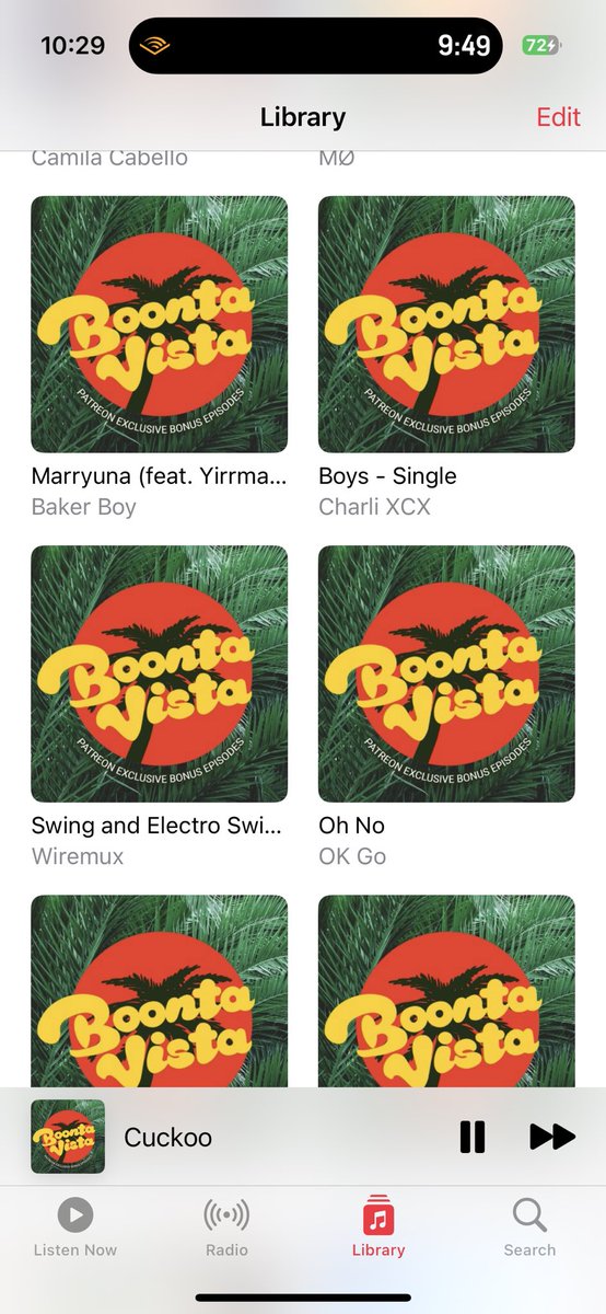 OhRather's tweet photo. Some kind of weird glitch on my phone means that it erroneously believes that the @BoontaVista Bonus Episode image tile is the album art for a bunch of random albums in my iTunes library and also occasional other podcasts? Weird times https://t.co/tRDoQs50fK
