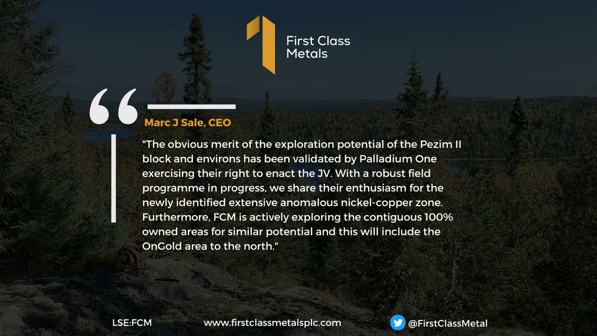 FirstClassMetal's tweet photo. 𝗠𝗮𝗿𝗰 𝗦𝗮𝗹𝗲 𝗖𝗘𝗢 𝗖𝗼𝗺𝗺𝗲𝗻𝘁𝗲𝗱: 

"The obvious merit of the exploration potential of the Pezim II block and environs has been validated by Palladium One exercising their right to enact the JV..."

https://t.co/znfSF3RmF1 

Read more below.

#RNS #FCM #Nickel #Copper https://t.co/oX7hSAwkhM