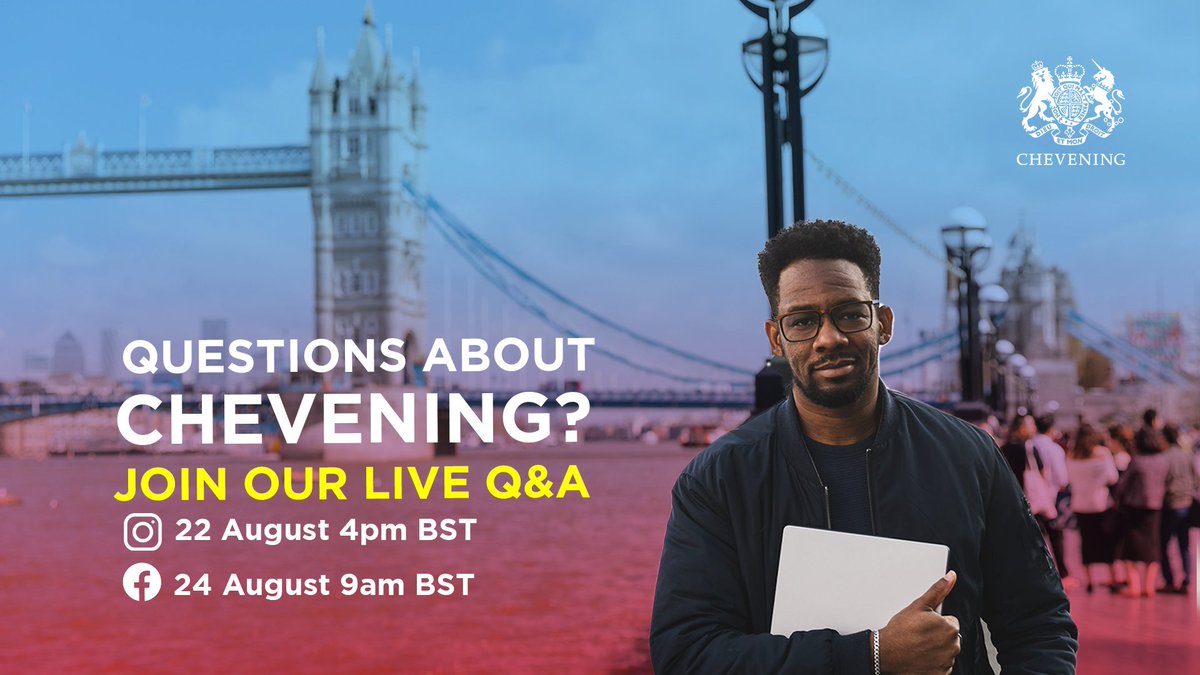 👋 Hey future #Cheveners! 

Thinking about your #Chevening application? Remember that we'll be hosting two live Q&amp;A sessions this week to answer your questions 👇

⏰ Instagram: TODAY, 4-5pm BST
⏰ Facebook: 24 August, 9-10am BST

Looking forward to seeing lots of you there!