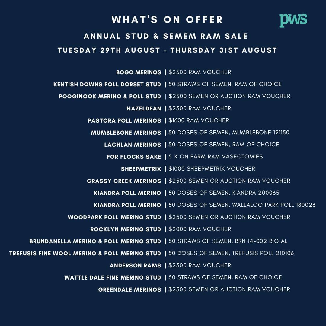 🤩Look at the amazing line up from this year's extremely generous supporters of the PWS Stud Semen & Ram Sale Fundraiser!🤩 The Auction kicks off next Tuesday 29th August on @AuctionsPlus be sure to keep your eyes 👀 peeled for the link to the auction and more info soon! 👏