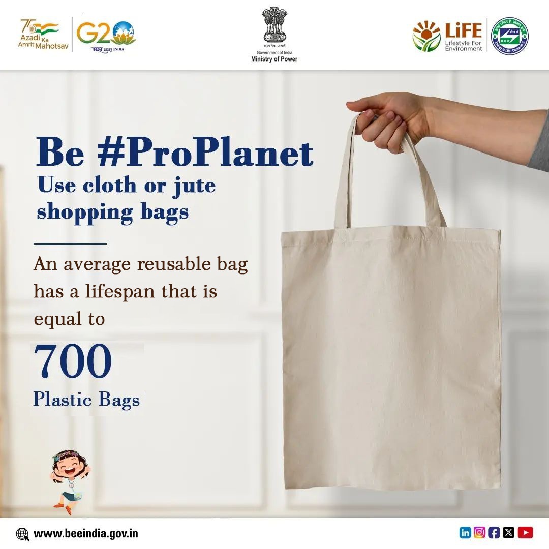 Support #MissionLife by incorporating #ProPlanet habits in your everyday life. Say no to plastic bags. Use cloth or jute bags which are both aesthetic and eco-friendly. #SaveEarth #SayNoToPlastic #ReduceReuseRecycle #EnergyEfficiency