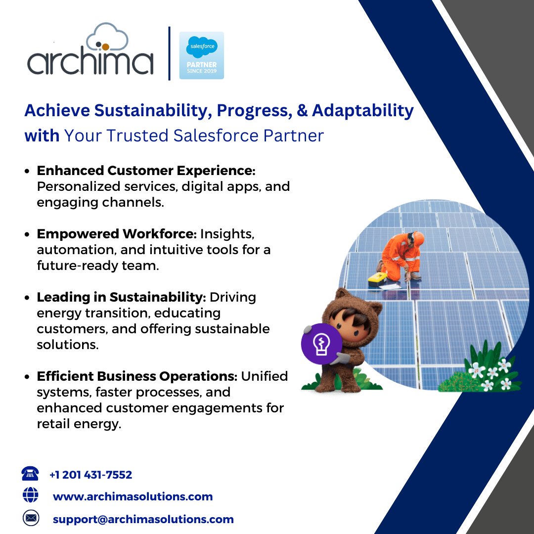 ArchimaSolution's tweet photo. Enhance customer engagement, empower your workforce, achieve sustainability leadership, and improve operational efficiency. Together, we are shaping the future of business with #Salesforce.

#SalesforcePartner #Innovation #Sustainability https://t.co/SXojGnL4gz