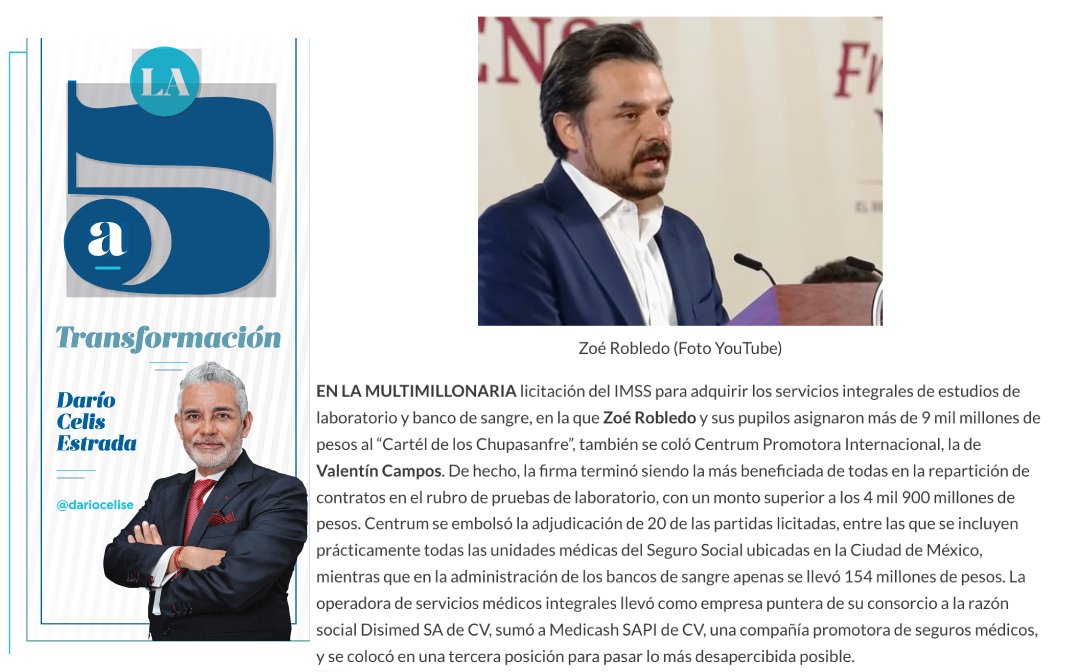 dariocelise's tweet photo. #LaQuintaTransformación
En la multimillonaria licitación del @Tu_IMSS en la que @ZoeRobledo y sus pupilos asignaron más de 9 mil millones de pesos al “Cartél de los Chupasanfre”, también se coló Centrum Promotora Internacional.
https://t.co/5oukStvBwO https://t.co/A3YynDWEth