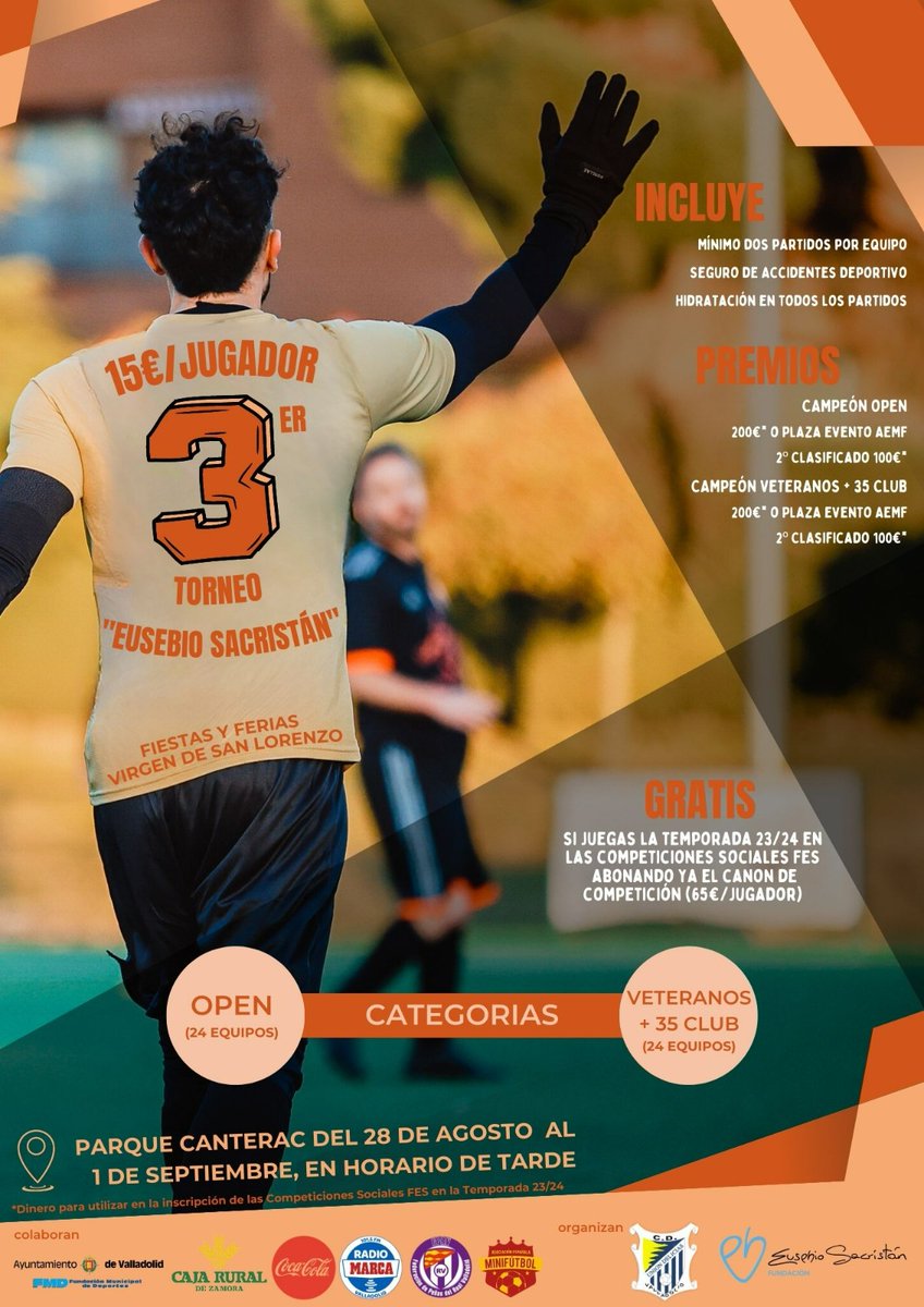 Ya tenemos horarios para el torneo. Los equipos jugarán partidos de 30' a las 21, 21.30 y 22 horas del 28 al 31, y la final el 1 a las 21 horas.  Si tienes ganas y equipo ¡aún puedes apuntarte hasta mañana! <a href="/CDUnionDelicias/">Unión Delicias</a> <a href="/AyuntamientoVLL/">Ayto. de Valladolid</a> <a href="/cajaruralzamora/">cajaruralzamora</a>  <a href="/MARCAvalladolid/">MARCA VALLADOLID</a>