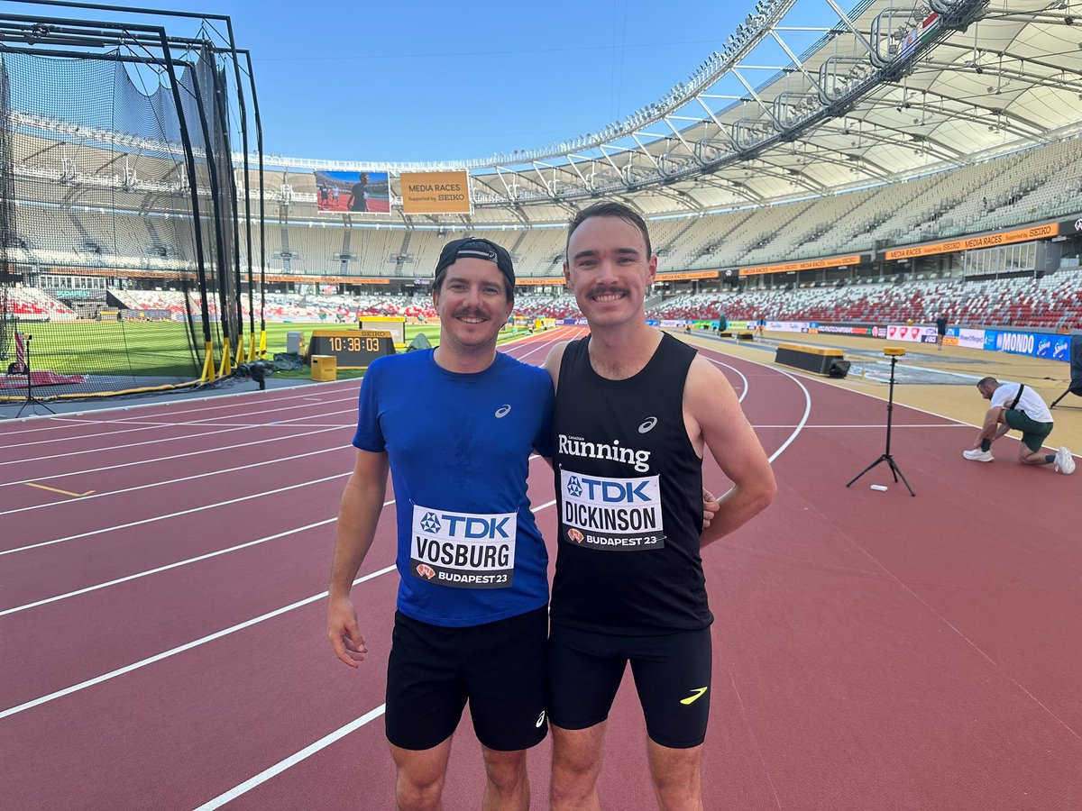 The Canadian Running media team @marleydickinson and @JVOSS66 at the @wabudapest23 Media 800m this morning! Marley placed 5th overall 🌎, while Joel is now 2-0 against his self-proclaimed 🇺🇸-rival @ChrisChavez #teamcanada #WABudapest2023