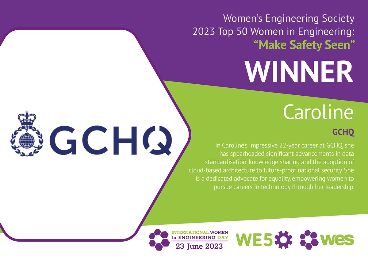 Congratulations to Caroline, Chief Research Officer here at GCHQ who was recently listed in the @WES1919 Top 50 Women in Engineering!

This year's #WE50 celebrated the women engineers who work to keep us safe, wherever we are and who #MakeSafetySeen

#INWED23 @INWED1919