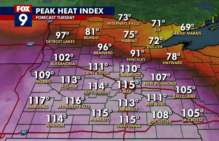 CodyMatzFox9's tweet image. Peak heat index forecast 105°-115° for most of central and southern MN today. Ouch...