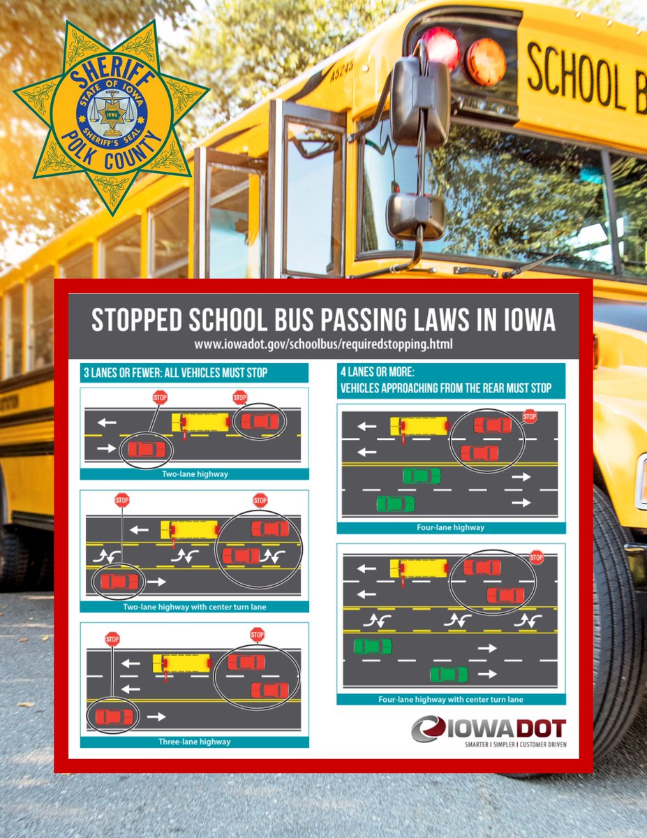 PolkSheriffIowa's tweet photo. School is almost back in session. The Polk County Sheriff’s Office would like to remind our communities about school bus safety.
For more information about school bus safety and laws, visit https://t.co/AVHKBC2nOM
#SchoolBusSafety
#IowaDOT https://t.co/tVWF61HOlq