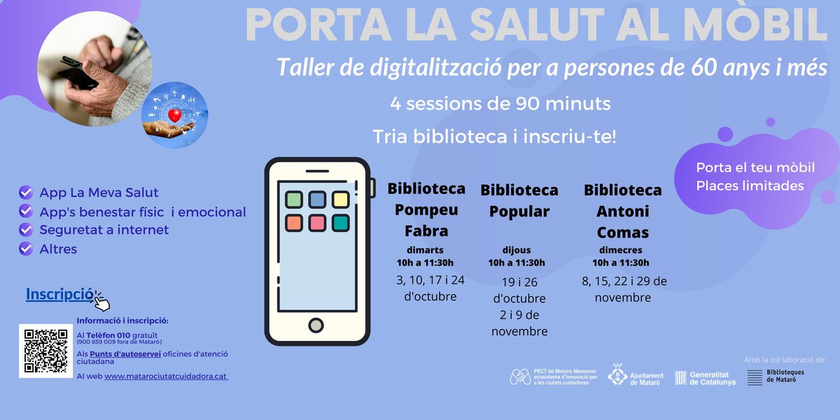 MataroCuida's tweet photo. 📢 Reserva-t'ho a l'agenda.
Porta la salut al mòbil.Taller de digitalització per a persones de 60 anys i més a #bretxadigital #fonsEUCat #CareCityLab
📲 Biblio Pompeu Fabra
📲 Biblio Popular
📲 Biblio Antoni Comas
🗓️ Octubre i Novembre 2023
➕Info:https://t.co/qKZZCJYD9d https://t.co/N3qPwum8UD