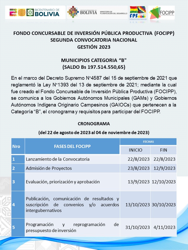 FPS_Bolivia's tweet photo. Segunda Convocatoria Nacional Gestión 2023 del Fondo Concursable de Inversión Pública Productiva (FOCIPP)

Atención municipios de la categoría "B" https://t.co/0bQSVPuvct