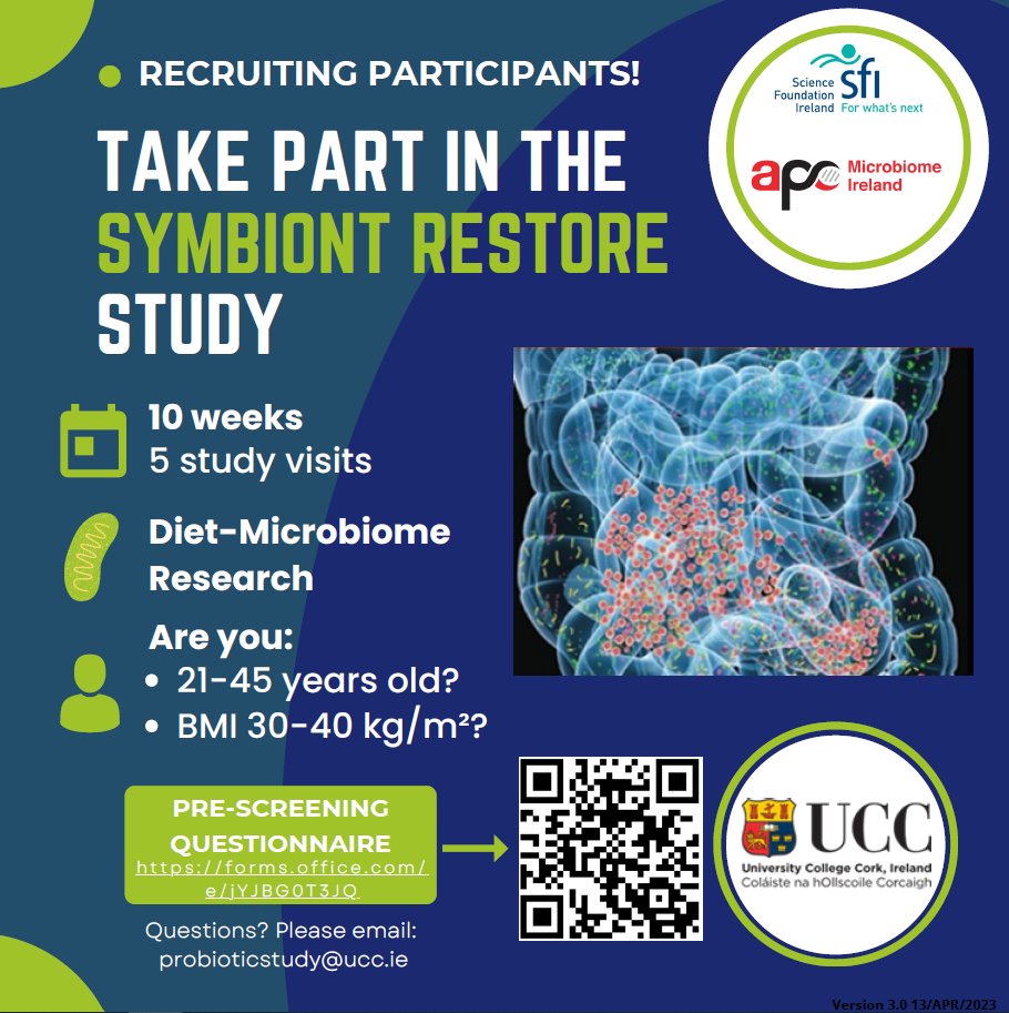 🌱 Join our clinical trial and discover the impact of a probiotic and dietary fibre blend on immune health and the gut microbiome. Get a €150 voucher upon study completion! Pre-screening questionnaire: forms.office.com/e/jYJBG0T3JQ #nutrition #gutmicrobiome #ucc #apcmicrobiome