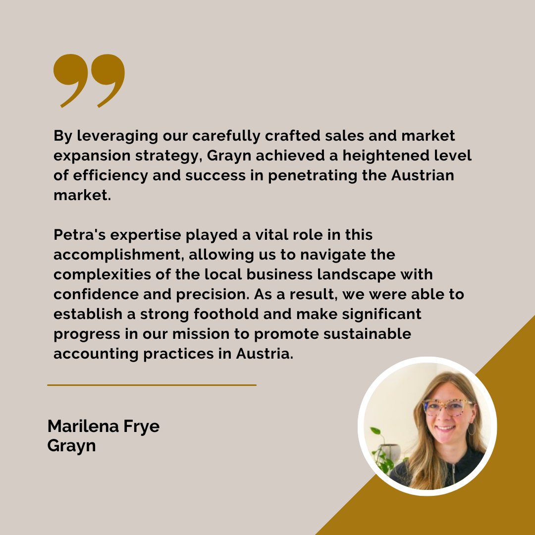 'Petra's expertise played a vital role in this accomplishment, allowing us to navigate the complexities of the local business landscape with confidence and precision.'
Marilena Frye, Grayn
🙌 konsultori.com
#testimonial #expansionstrategy