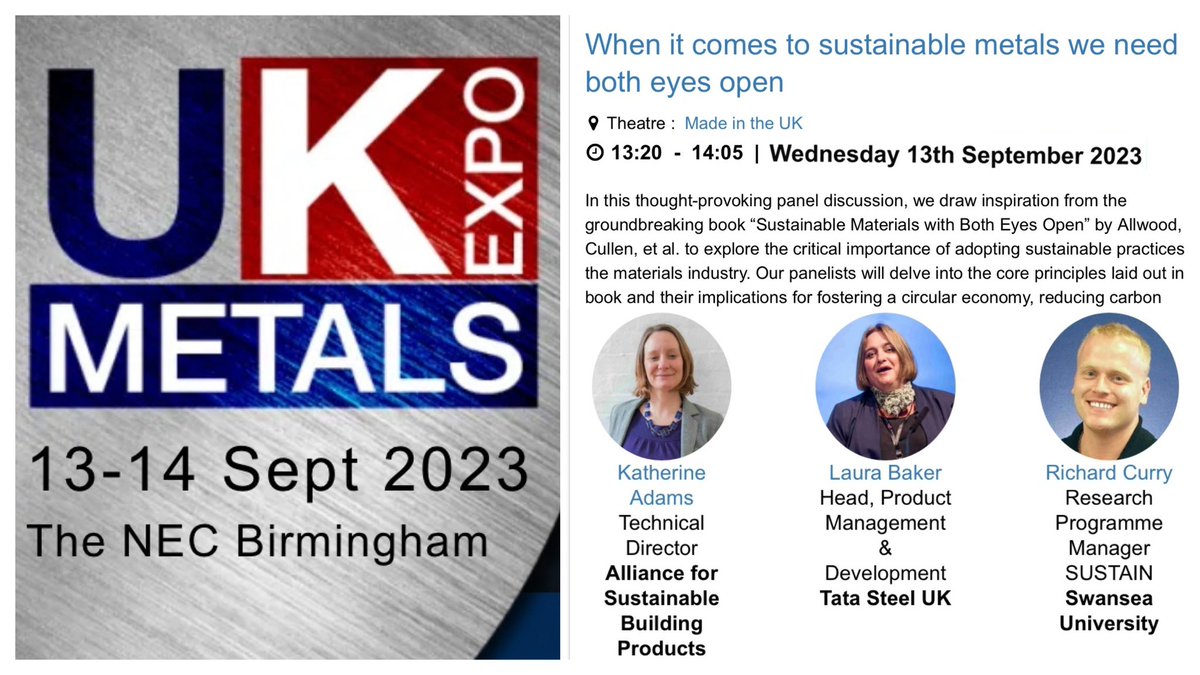 asbp_uk's tweet image. We look forward to participating at @UK_Metals Expo on 13-14 Sept 2023.

Our Technical Director, @KathBuildCirc will join Dr Laura Baker and @RichardIanCurry discussing the critical importance of adopting sustainable practices in the materials industry.

ukmetalsexpo.com