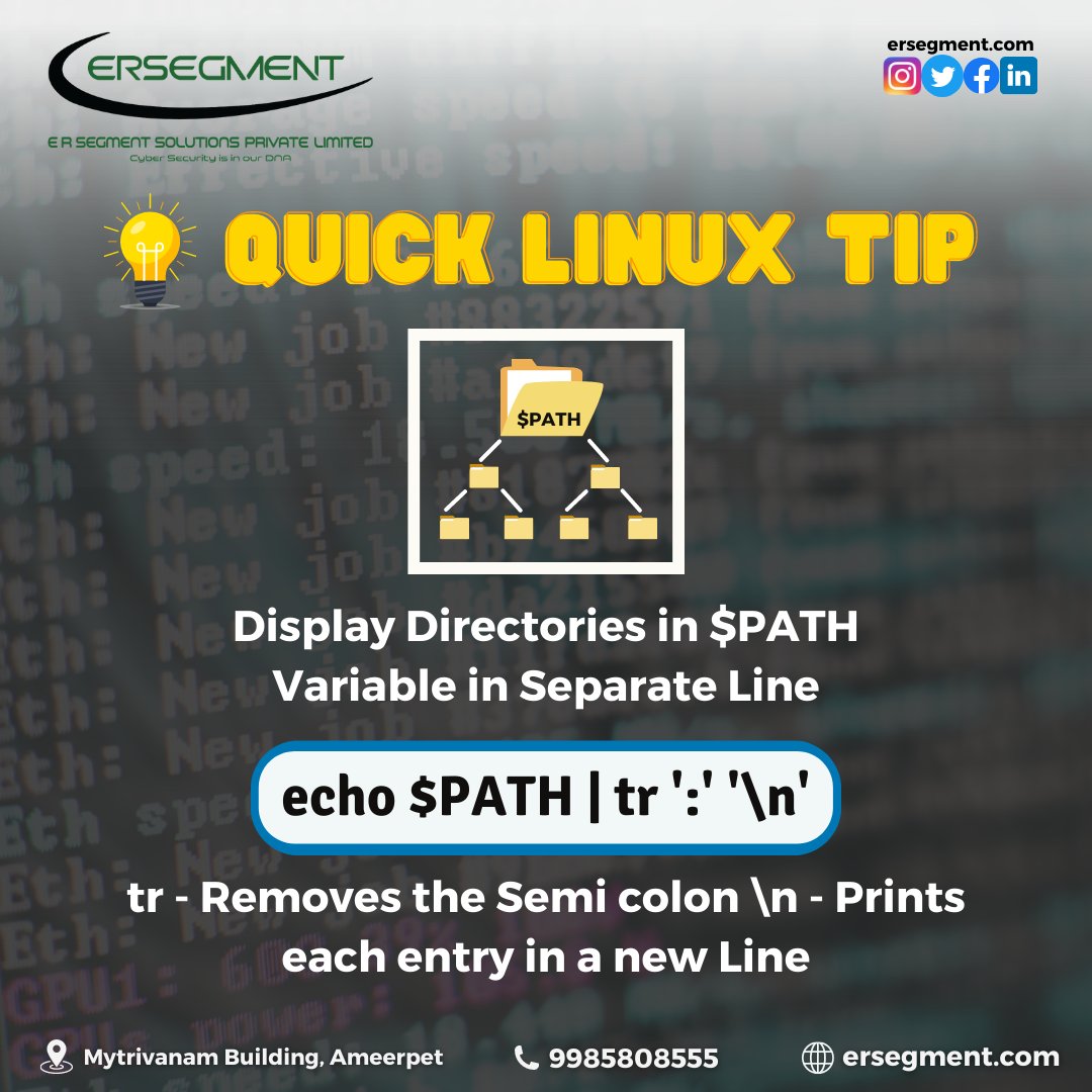 ersegment's tweet image. #LinuxCommands #PATHVariable #CommandLine #SystemEnvironment #BashScripting #TerminalTips #CodingTips #TechHelp #LinuxTips #SystemConfiguration #ShellCommands #ProgrammingTips #CommandLineTricks #TechSupport #LinuxDevelopment #kartheekchanda #ersegmentsolutionspvtltd #ersegment