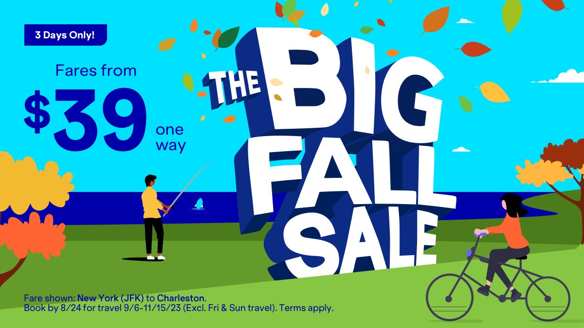 JetBlue's tweet photo. Autumn’s up. Wheels up. Get a jump on the season with deals on flights and vacation packages. Book now: https://t.co/lSme3AfuOL https://t.co/47zsOnVPWw