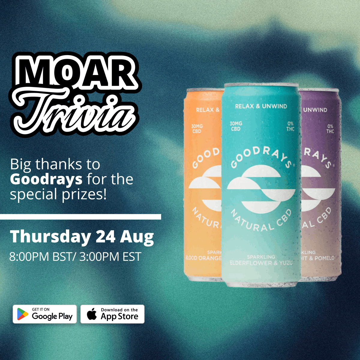 MoarPlatform's tweet photo. HUGE thank you to @GOODRAYS_ for sponsoring our 8pm Moar Trivia show this Thursday! Trust me when I say you don't want to miss this one. As a special prize, the top 3 winners will be taking home FREE Goodrays drinks 🤤🧃 #Goodrays #CBD #Moar #Sponsor #Prizes #Gameshow https://t.co/98SBsL2Bti