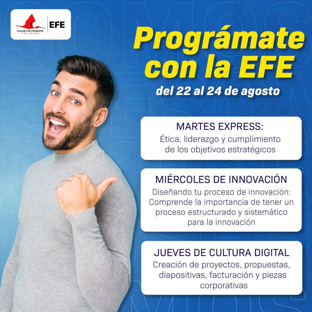 CCCASANARE's tweet image. #Virtuales #sincosto
#Agéndate esta semana con @somoslaefe  de @CCCASANARE. No te pierdas la tercer sesión de los talleres de:
Martes Express
Miércoles de Innovación
Jueves de Cultura Digital
Más info: efe.edu.co/formacion-cont…