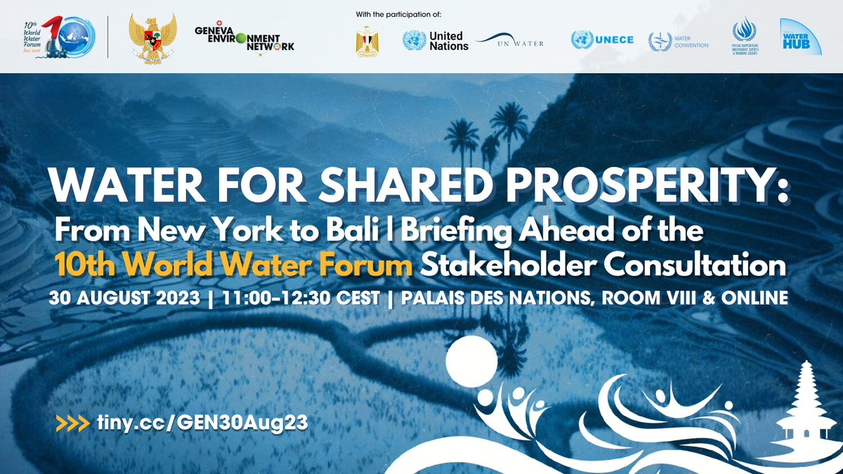 #SaveTheDate

Following the outcomes of the 2023 #UNWaterConference, the <a href="/WWaterForum10/">10th World Water Forum</a> in 2024 to advance #WaterAction.

With the upcoming Stakeholders' Consultation, <a href="/IndonesiaGeneva/">Indonesian Mission Geneva</a> &amp; <a href="/GENetwork/">GENeva Environment Network</a> will host a briefing on its preparations.

📅 30 Aug 23
▶️ tiny.cc/GEN30Aug23