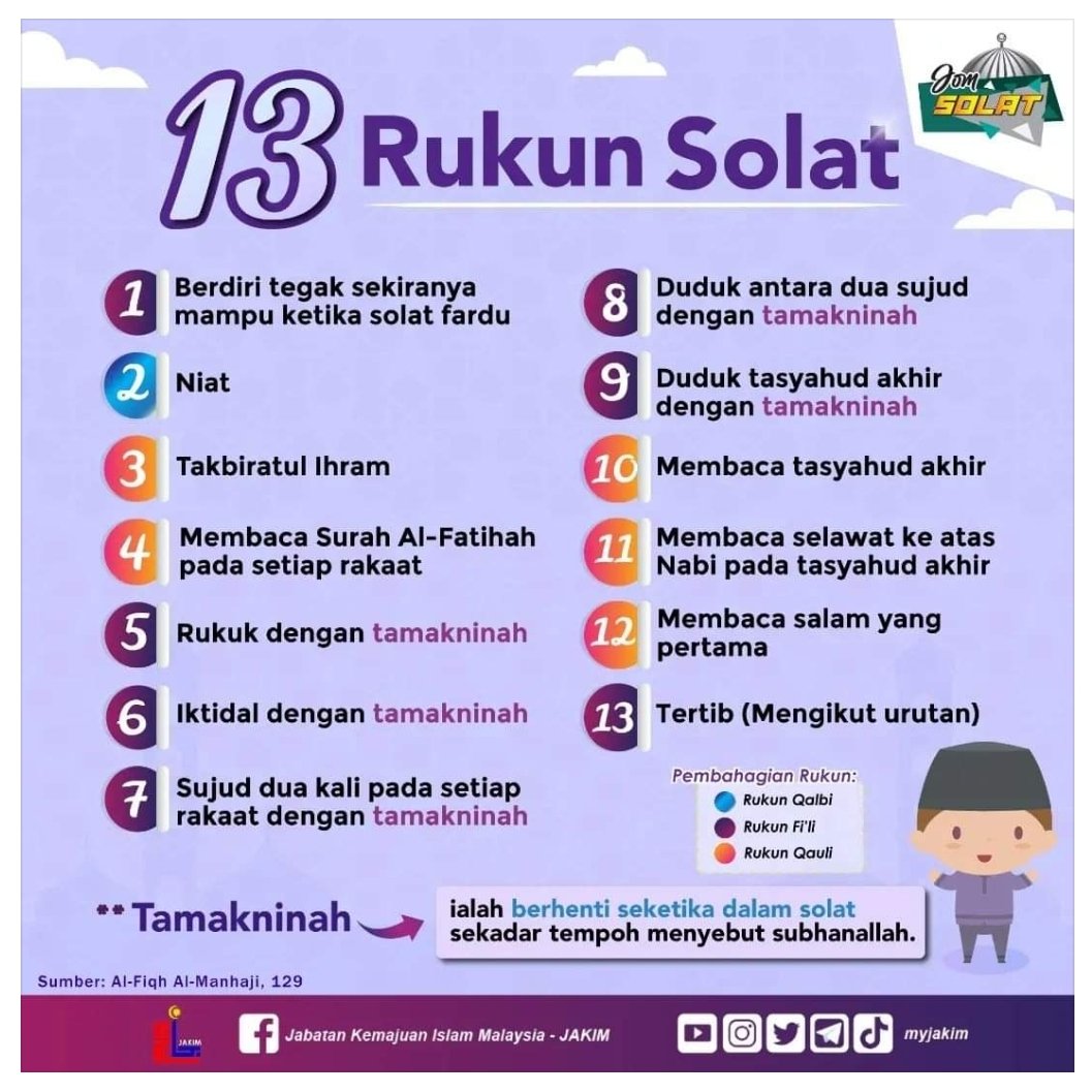 Ini adalah 13 rukun solat. Tak sah solat kita kalau tertinggal mana-mana rukun. Solat yang sah dan sempurna adalah yang memenuh rukun-rukun serta syarat-syaratnya. Ramai terlepas pandang tentang tamakninah tu. Sama-sama kita perbaiki apa yang boleh.