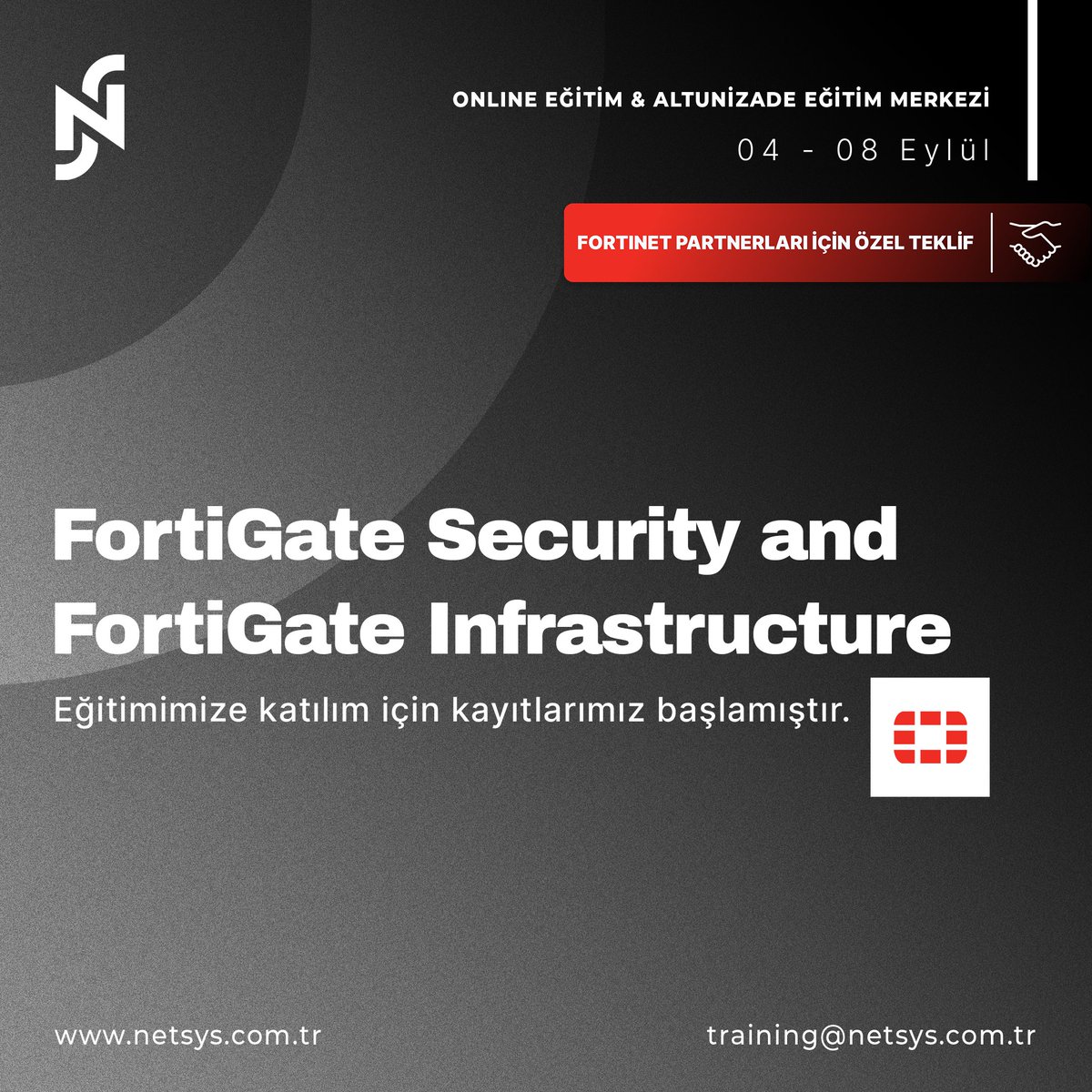 netsysbilisim_'s tweet image. Registration for participation in our FortiGate Security and FortiGate Infrastructure training, which will be held between 04 - 08 September, has started. 

For the registration; training@netsys.com.tr 

#netsys_bilisim #fortinet #fortigatesecurity #fortigateinfrastructure