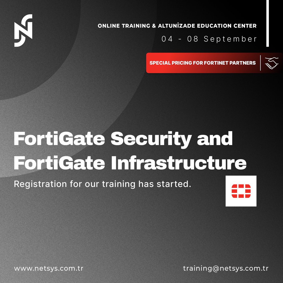 netsysbilisim_'s tweet image. Registration for participation in our FortiGate Security and FortiGate Infrastructure training, which will be held between 04 - 08 September, has started. 

For the registration; training@netsys.com.tr 

#netsys_bilisim #fortinet #fortigatesecurity #fortigateinfrastructure