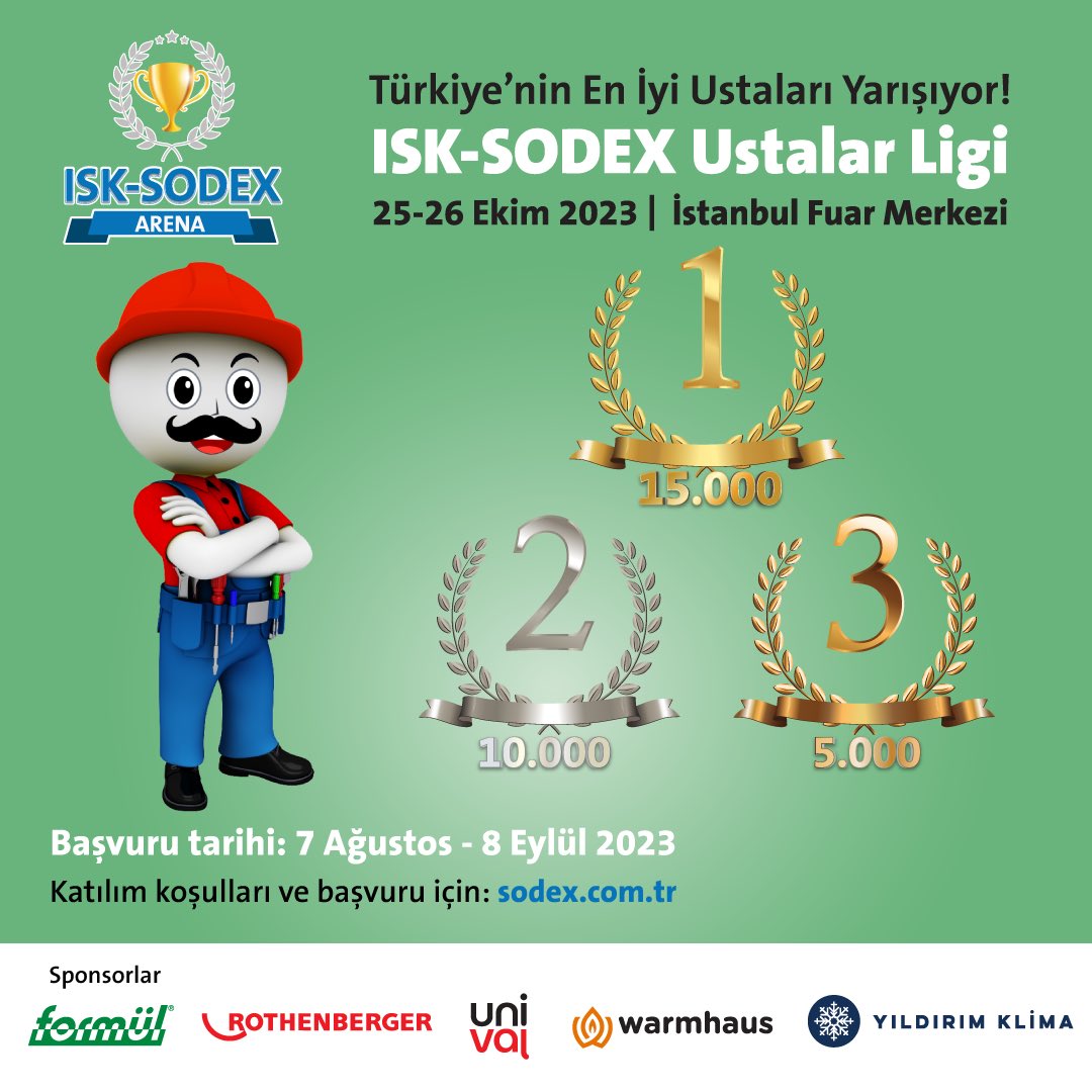 izoderofficial's tweet photo. Türkiye’nin En İyi Ustaları ISK-SODEX ARENA’da…
ISK-SODEX İstanbul Fuarı bünyesinde üçüncüsü düzenlenen “ISK-SODEX Ustalar Ligi” yarışması Türkiye’nin en iyi kombi ustalarını ağırlamaya devam ediyor.
Katılım koşulları ve başvuru için: https://t.co/PFtvxcvhpL
#izoder #isksodex https://t.co/rr6bUQkZnf