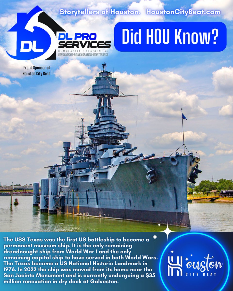 Did HOU Know? The famous USS Texas is currently undergoing a $35 million #renovation in dry dock at #Galveston.

Brought to you by DL Pro Services. Visit dlproservices.com today!

#battleshiptexas
#USSTexas
#commercialrenovation
#residentialrenovation
#houstonhandyman