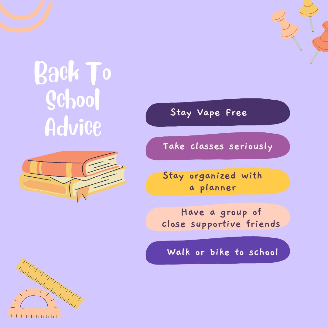 dantedelaware's tweet photo. Start the school year on the right foot! Stay organized, plan your daily and weekly schedule, walk or bike to classes, and stay #vapefree. 

The healthy habits you start now, will set you up for a year filled with success! ✨🥇

#BackToSchool #VapeFree #HealthyHabits #Success https://t.co/LBocAqoPOG