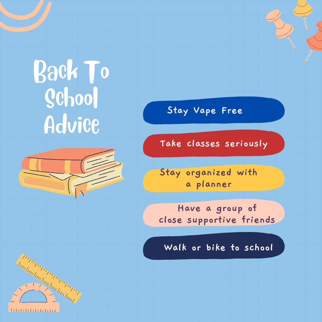 KBGdelaware's tweet photo. Start the school year on the right foot! Stay organized, plan your daily and weekly schedule, walk or bike to classes, and stay #vapefree. 

The healthy habits you start now, will set you up for a year filled with success! ✨🥇

#BackToSchool #VapeFree #HealthyHabits #Success https://t.co/T9ojp7GAZu