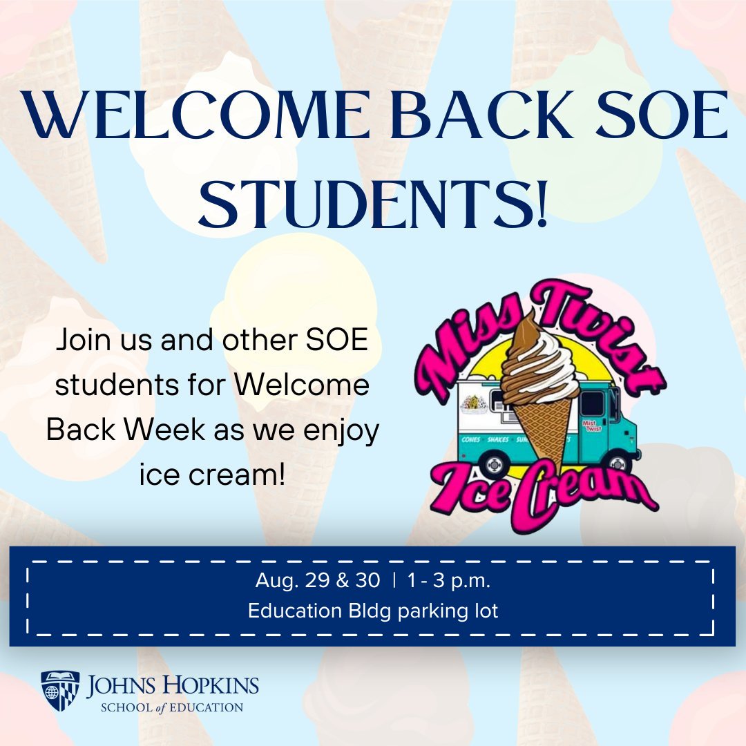 JHUeducation's tweet image. STUDENTS! 🍦 Join us for a sweet treat in the Ed Building parking lot next Tuesday and Wednesday from 1-3 p.m. Let's scoop up some fun and get ready for an invigorating academic year! See you there! 😋🍨 
#jhusoe #WelcomeBackWeek