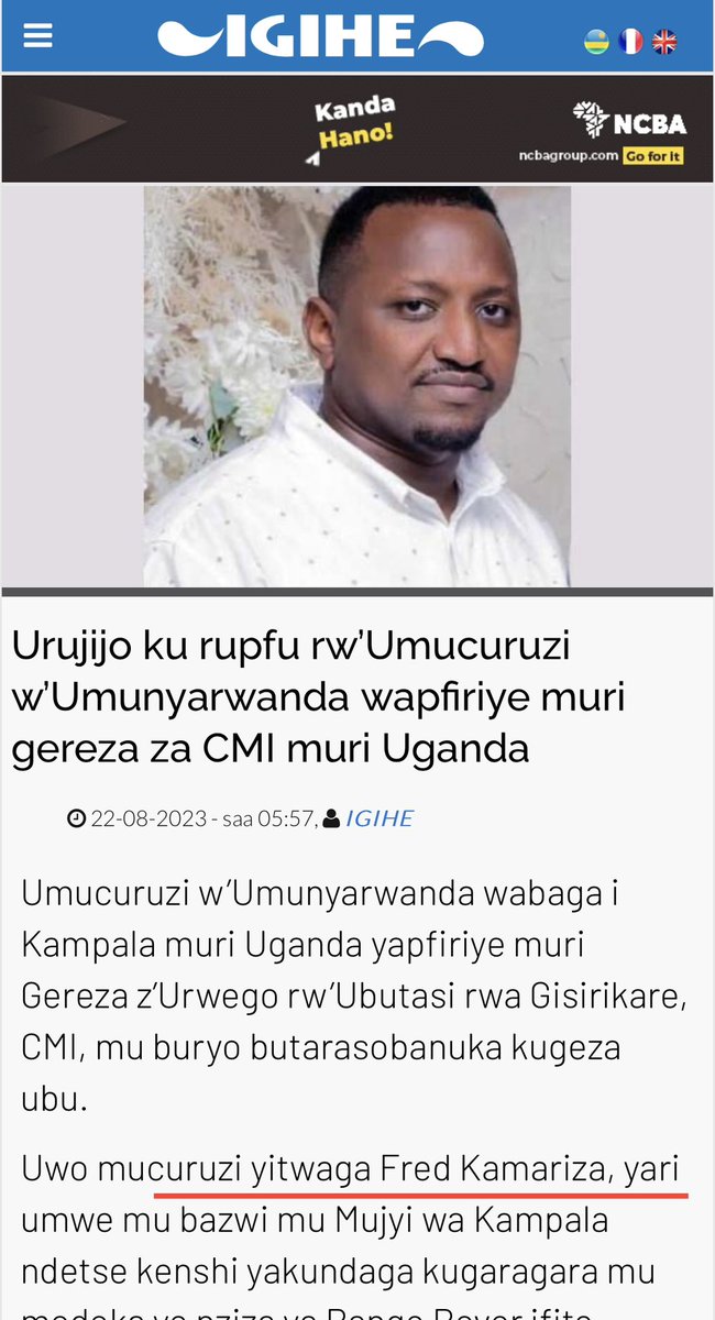GitifuW's tweet photo. Nyuma yuko tumaze isaha tubivuze @IGIHE gitangaje inkuru
Uyu mugabo wapfuye yari maneko ikomeye y’u Rwanda ku gihe cya #Kandiho uyu mugabo yarafunzwe arafungurwa ahungira Congo . Igihe Museveni yahinduraga umwanya wa Kandiho , yaragarutse
Ese Kagame arikunekamo Museveni iki ? https://t.co/PnWhXBi8tO