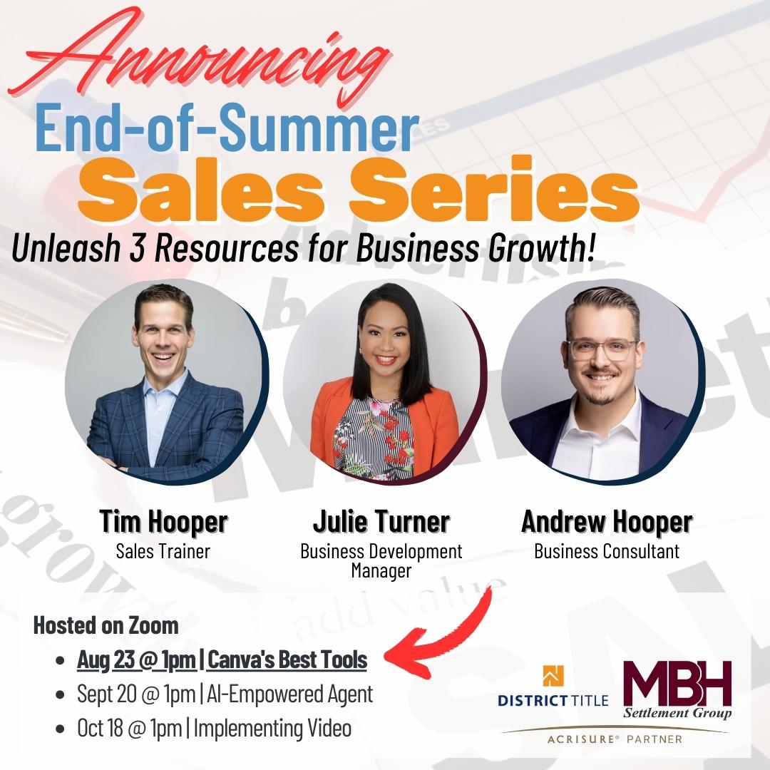 MBHSettlement's tweet photo. Join us LIVE tomorrow @ 1pm 💻
💥End-of-Summer Sales Series diving into Canva's BEST Tools &amp; Receive Customizable Templates‼

Click the link in our Bio to REGISTER 👆

#MBHSettlementGroup #MBHUniversity #DistrictTitle #RealtorEducation #SalesSeries #Canva https://t.co/1DA5TE35pH