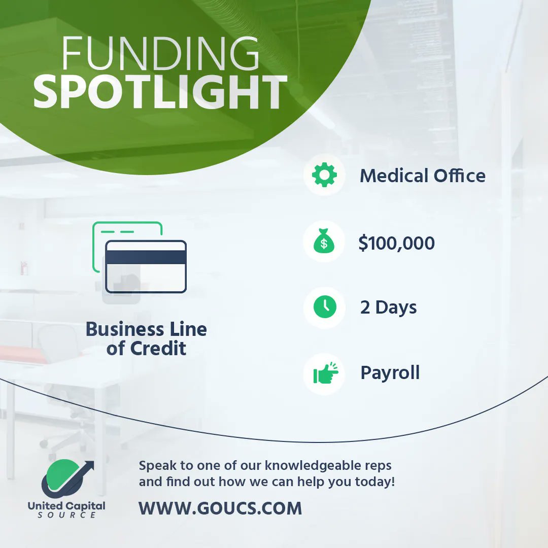 UCSource's tweet image. In this Funding Spotlight, a Medical Office got a Business Line of Credit for $100,000 in 2 days! 👨‍⚕️ 💉 

What can UCS do for your business? Apply Here: buff.ly/3eQzww3 

#UCSFundingSpotlight #SmallBusinessLoans #BusinessLineofCredit #UnitedCapitalSource #UCS #GoUCS