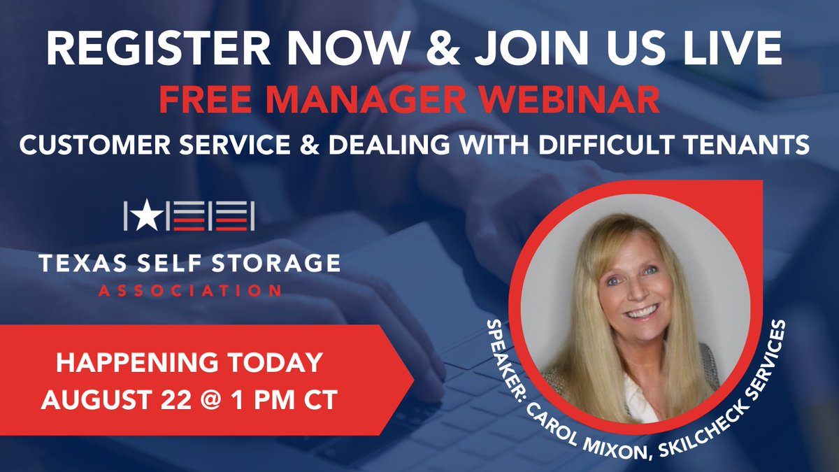 ⏰It's not too late to register now and join us live today for a free manager #webinar on #customerservice and dealing with difficult tenants featuring Carol Mixon of SkilCheck Services, Inc. Register here > bit.ly/CustomerServic…
#storage #selfstorage