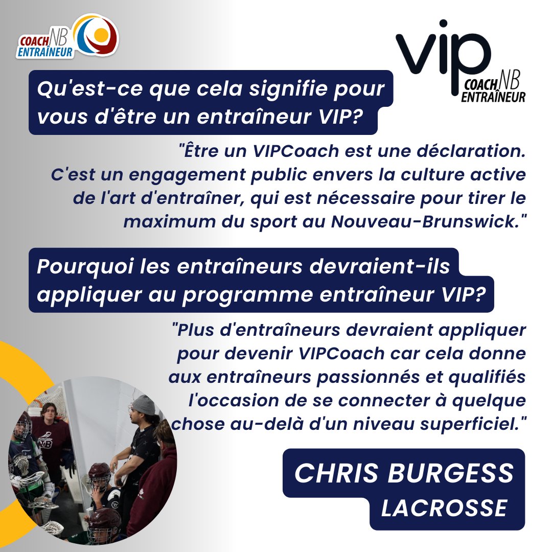 Nous présentons l'un de nos incroyables entraîneurs VIP au NB. Cette semaine nous vous présentons Chris Burgess et partageons pourquoi il a décidé d'appliquer pour devenir entraîneur VIP.

Merci, Coach Chris!

Lien: coachnb.ca/fr/programme-v…