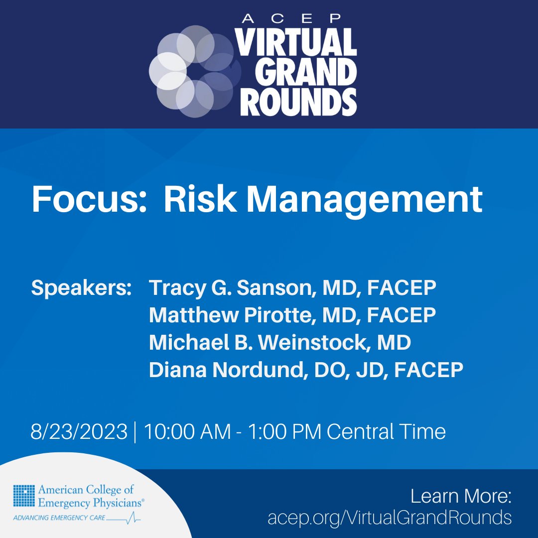 ACEPNation's tweet photo. You're invited to the next edition of Virtual Grand Rounds on Aug. 23 where a broad range of risk management issues will be discussed, including how to manage your liability in post-Roe EM practice. Sign up:  https://t.co/89wcfI5IIc. https://t.co/v95kdro8mV