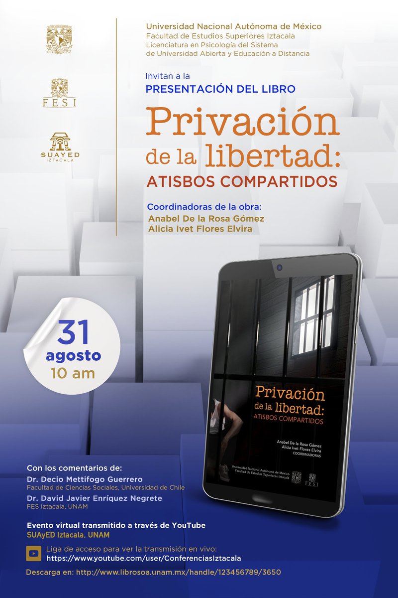 📚 No te pierdas la presentación del libro "Privación de la Libertad: Atisbos Compartidos" Acompáñanos en la transmisión en vivo a través de: youtube.com/user/Conferenc…
Si deseas tener el libro, descárgalo aquí:
librosoa.unam.mx/handle/1234567…
#FESI #UNAM