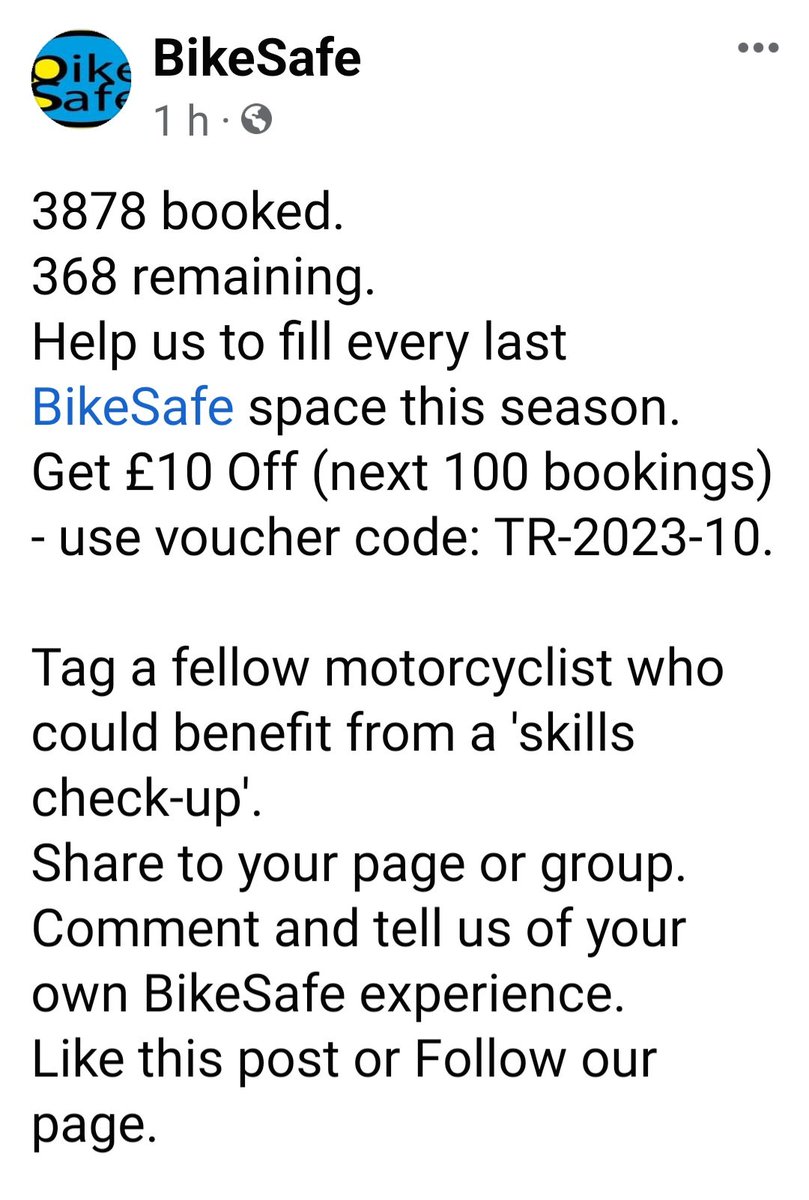 Right. Let's talk @BikeSafeUK. Fancy joining us. There are a limited number of spaces left now, through Sept & Oct before the season comes to an end. ******** So here's a £10 off voucher. Use voucher code: TR-2023-10 to get your discount Look forward to seeing you. #opsbikes