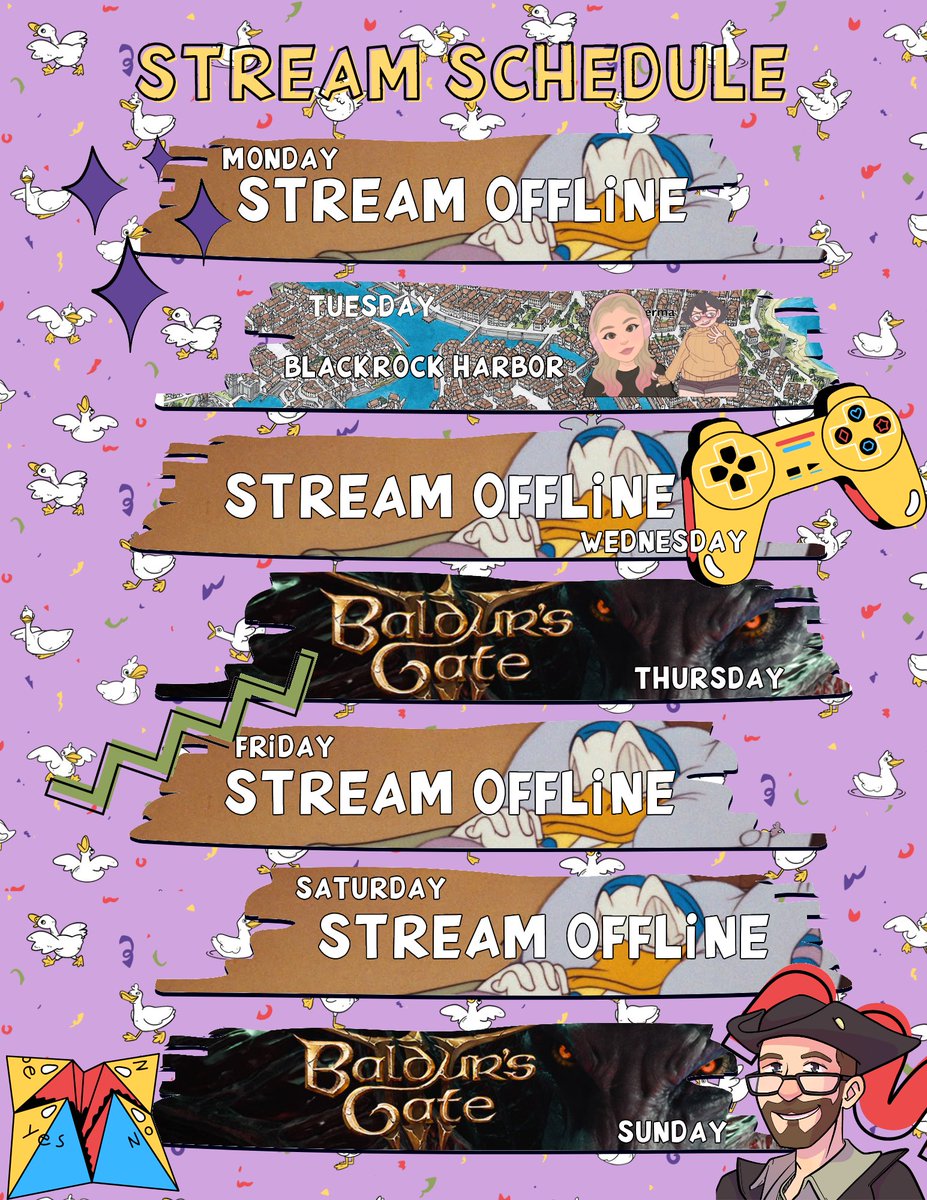 Duckberg_ttv's tweet photo. Monday - Off (no shit, Duck) Tuesday - Blackrock Harbor Pathfinder Campaign Wednesday - Off Thursday - Baldur's Gate III Friday - Off Saturday - Off Sunday - Baldur's Gate III
.
. 
.
#twitch #twitchstreamer #baldursgate3 #streamschedule #bg3 #pathfinder #pathfinder2e #gaming https://t.co/HiGgYXjEqm