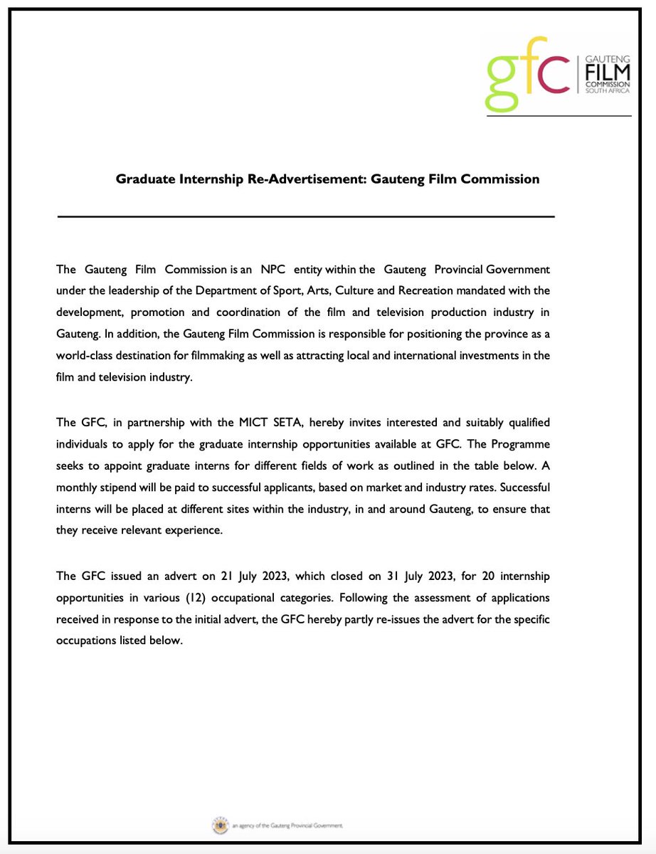 yuthconnect's tweet photo. 📌Gauteng Film Commission

- Graduate Internship Re-Advertisement
https://t.co/hPvc0InAfx

Applications Deadline: 25 August 2023 Applicants Status: Open to qualifying graduates who have completed their academic qualifications in different relevant fields of study, https://t.co/OmJQyAYhyF